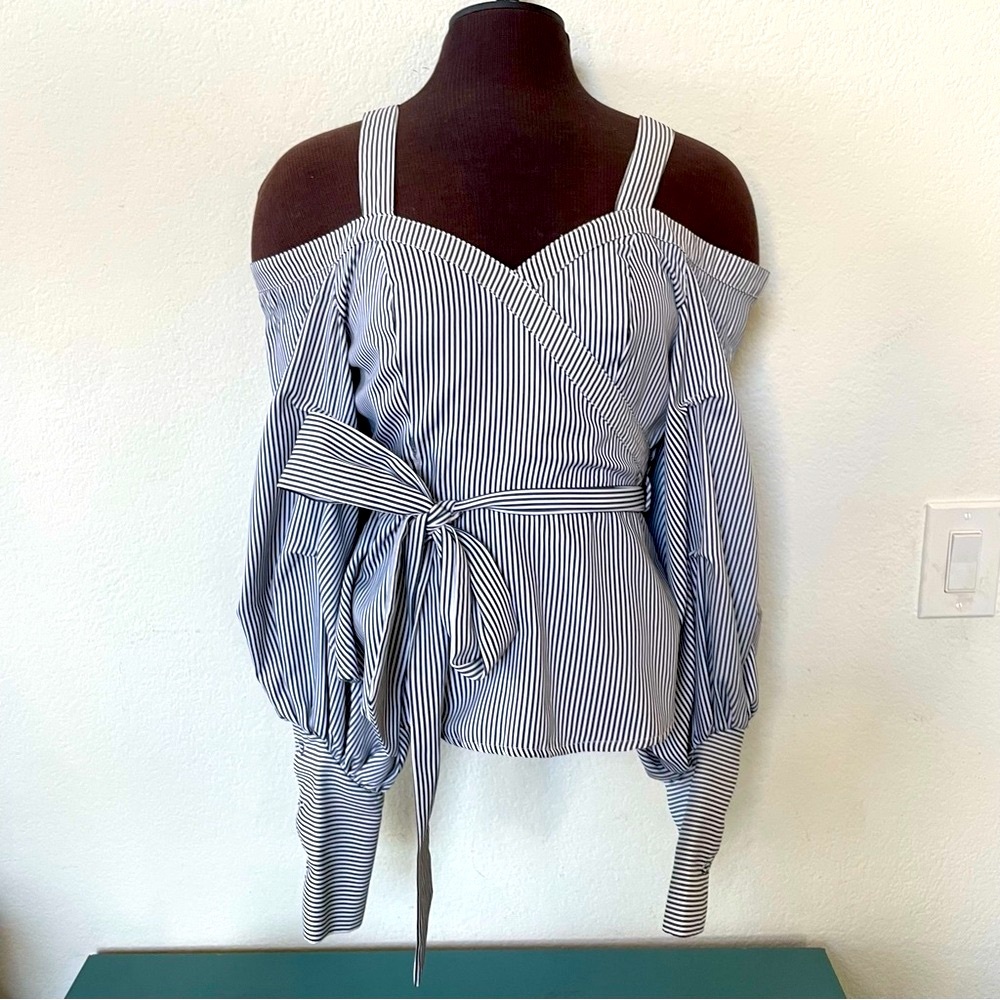 Blue & White Stripe Boatneck Top Off Shoulder Long Sleeve Women’s Blouse Size S